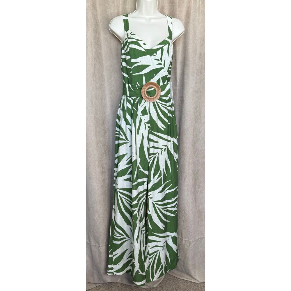 Adrianna Papell Green Ivory Palm Print Wide Leg Jumpsuit 12 NWT - Picture 6 of 16